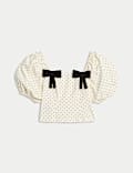 Pure Cotton Square neck Polka Dot Bow Top