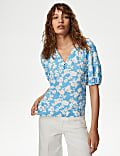 Blouse à col en V et motif fleuri