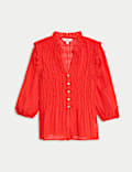 Geraffte Bluse mit 3/4-Ärmeln und Knopfdetails