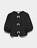 Embellished Bow Puff Sleeve Top