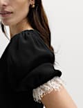 V-Neck Lace Insert Bow Detail Top