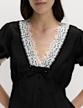 V-Neck Lace Insert Bow Detail Top