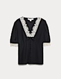 V-Neck Lace Insert Bow Detail Top