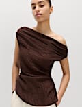 Plisse Asymmetric Neck Bardot Top