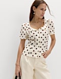 Polka Dot Lace Detail Button Through Top