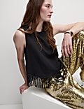 Textured Round Neck Tassel Blouse