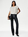 Satin Sequin Round Neck Drawstring Blouse