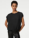 Satin Sequin Round Neck Drawstring Blouse