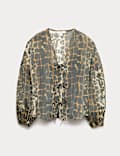 Organza Animal Print V-Neck Tie Front Top