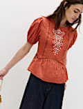 Pure Cotton Embroidered Puff Sleeve Blouse