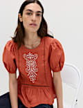 Pure Cotton Embroidered Puff Sleeve Blouse