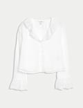 Frill Neck Broderie Button Through Blouse