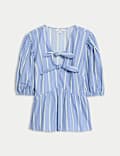 Pure Cotton Striped Bow Detail Top