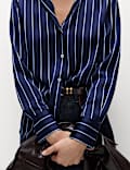 Satin Striped Collared V-Neck Shirt