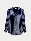 Satin Striped Collared V-Neck Shirt
