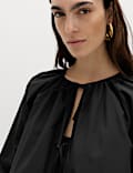 Pure Cotton Puff Sleeve Tie Front Blouse