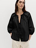 Pure Cotton Puff Sleeve Tie Front Blouse