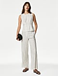 Linen Blend Striped Round Neck Blouse