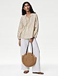 Linen Rich Striped Tie Neck Blouse