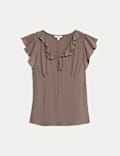 V-Neck Frill Detail Cap Sleeve Top