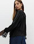 Satin Lace V Neck Ruffle Blouse