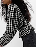 Checked Gathered Waisted Blouson Sleeve Blouse