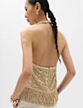 Sequin Fringe Detail Halter Neck Crop Top