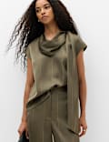 Satin Striped Cowl Neck Scarf Detail Top