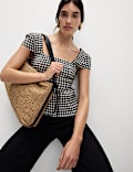 Top péplum en coton à petites manches et carreaux