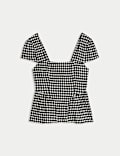 Top péplum en coton à petites manches et carreaux