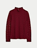 Top en coton mélangé à encolure montante en dentelle