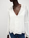 Dobby Textured V-Neck Long Sleeve Blouse