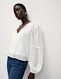 Dobby Textured V-Neck Long Sleeve Blouse