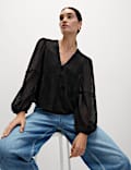 Dobby Textured V-Neck Long Sleeve Blouse