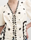 Pure Cotton Embroidered Tie Detail Top