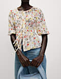 Printed Shirred Tie Detail Puff Sleeve Blouse