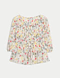 Printed Shirred Tie Detail Puff Sleeve Blouse