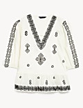 Satin Embroidered V-Neck Blouse