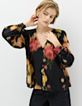 Printed Jacquard V-Neck Button Through Blouse