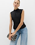Satin Jacquard High Neck Mandarin Detail Top