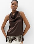 Satin Cowl Neck Fringe Detail Cami Top