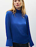 Satin High Neck Padded Shoulder Top