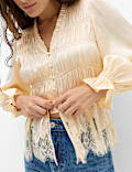 Satin Lace V Neck Shirred Top