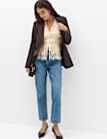 Satin Lace V Neck Shirred Top