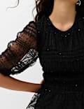 Sequin Shirred Puff Sleeve Peplum Top