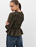Pure Cotton Checked Frill Shirred Peplum Shirt