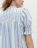 Pure Cotton Striped Shirred Blouse