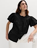 Pure Cotton Puff Sleeve Drawstring Waisted Top