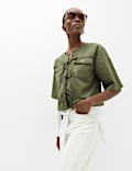 Pure Cotton Utility Tie Front Cropped Blouse