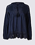 Pure Cotton Cutwork Peasant V-Neck Blouse